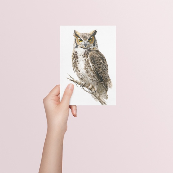 Watercolor Great Horned Owl Portrait Wall Art Print, Unframed - Woodland - Picture 5 of 6